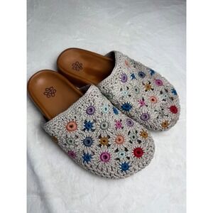 The Sak Crochet Floral Embroidered Slide Sandals Boho Mules Beige Multi Size 6